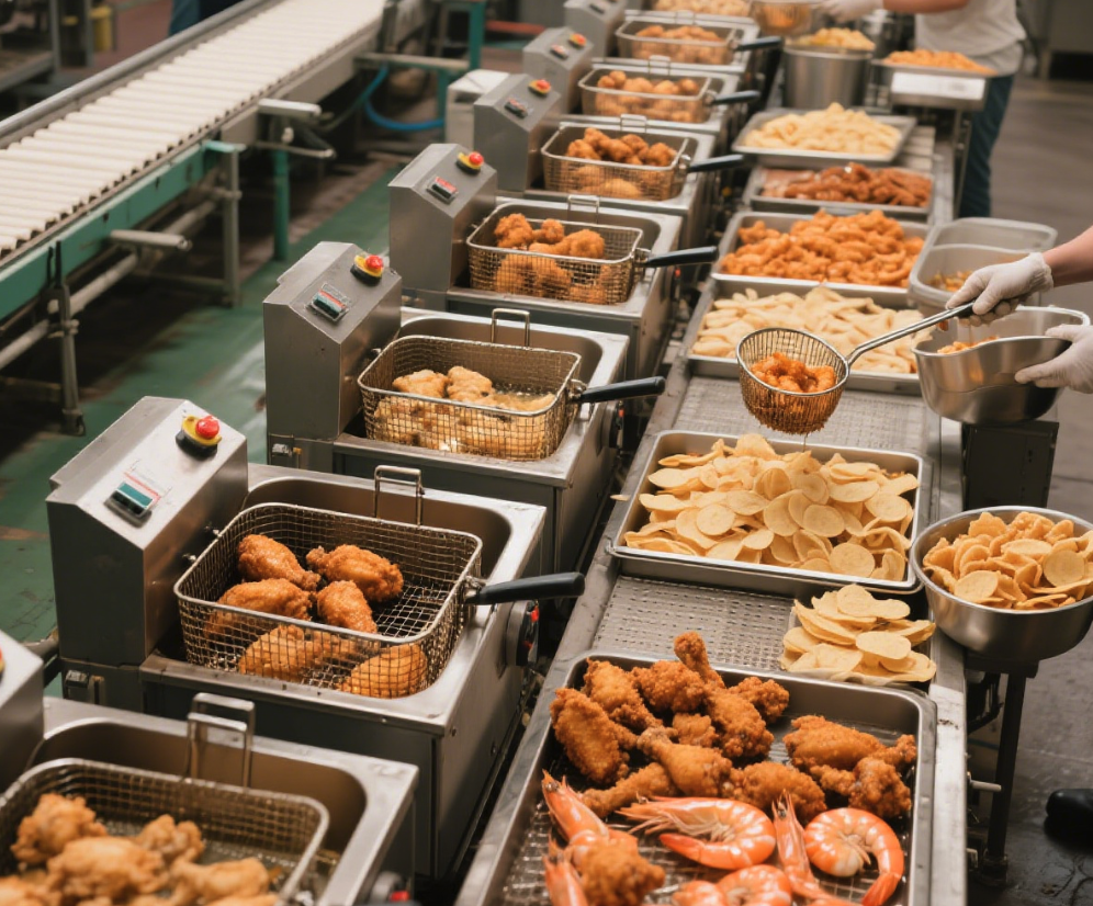 Alimentos fritos em uma fritadeira