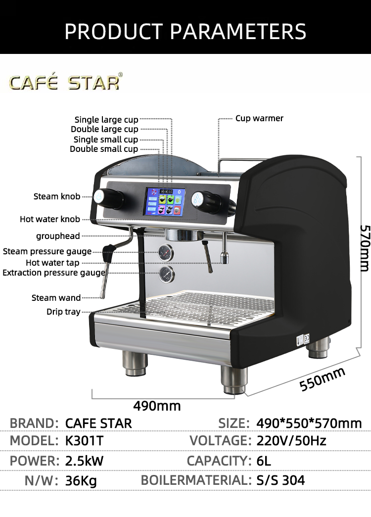 Máquina de café profissional monogrupo 9 bar semiauto elétrica 6L